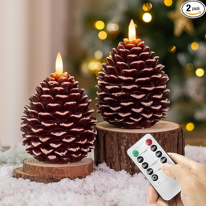 Christmas Pinecone Candles Flameless, Real Wax Battery Operated Pine Cone Candles with Remote, 2 Pack Flickering Led Candle Christmas Decorations for Winter Home Holiday Xmas Gift, Brown