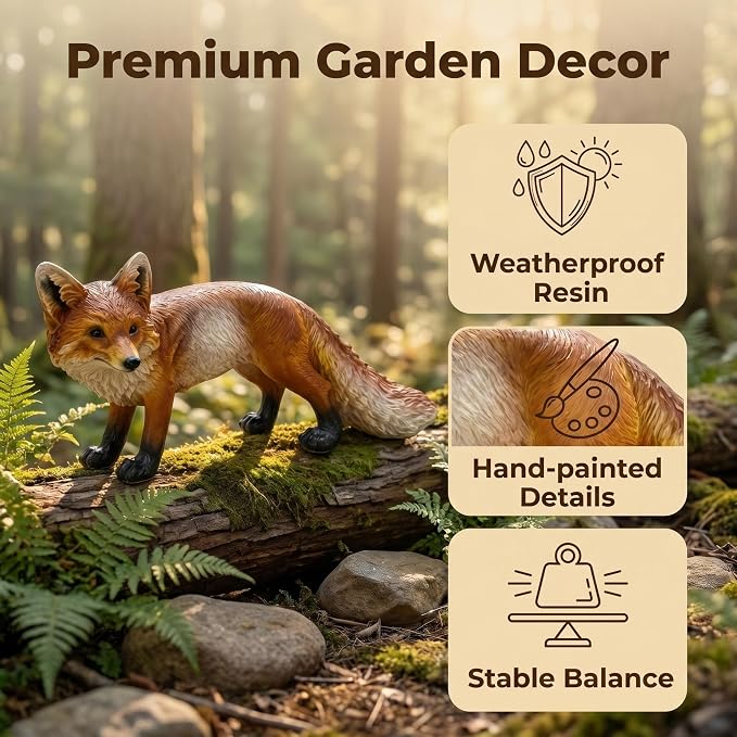 Red Fox Statue Garden Decor 19.7 Inch | Weather Resistant Resin, Lifelike Wildlife Animal Sculpture, Outdoor Yard Lawn Patio Porch, Home Decoration