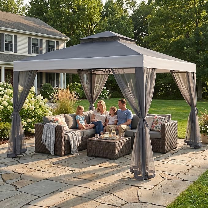 10x10 Gazebo with Netting, Canopy Tent Sun Shade Shelter for Outdoor Patio Backyard (Gray)