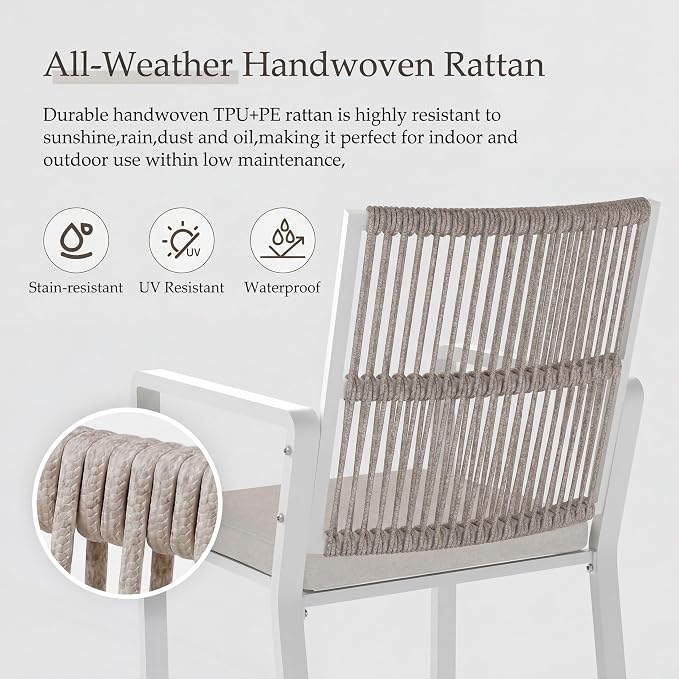 8 Pieces Metal Outdoor Dinning Set Featuring 2 Tables and 6 Ratten Chairs Waterproof and Rust-Proof Courtyard Style Table Garden Balcony Poolside, White 8 Pcs