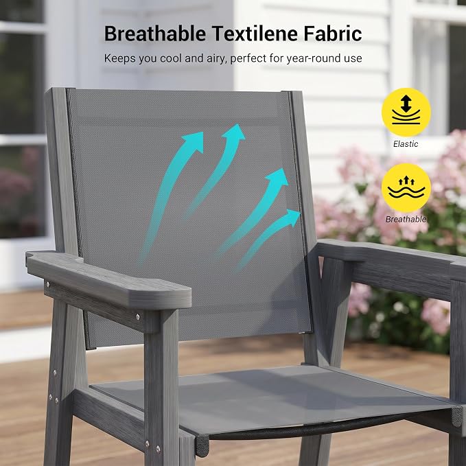 HDPE Outdoor Dining Chairs Set of 2 | Textilene Weather Resistant Patio Stackable Chairs for Garden, Backyard, Lawn and Poolside, Grey