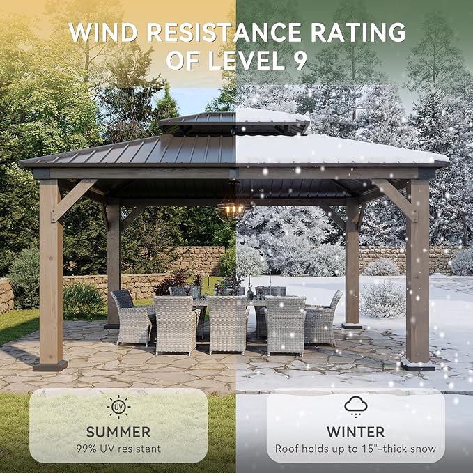 Aoxun 12' x 14' Outdoor Wood Gazebo, Hardtop Gazebo Permanent Wooden Pavilion with Galvanized Steel Double Roof, for Patio, Garden, Deckyard, Cedar Wood, Grey