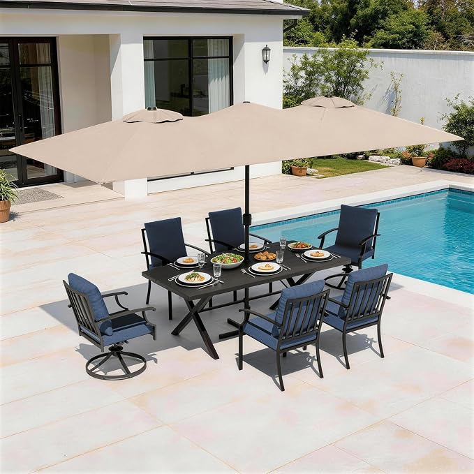 8 Pieces Patio Dining Set with Brown Umbrella,Outdoor Furniture Set Includes Hole Cut-Out Table and 4 Metal Backrest Chairs and 2 Swivel Chairs for Backyard,Garden,Poolside,Brown