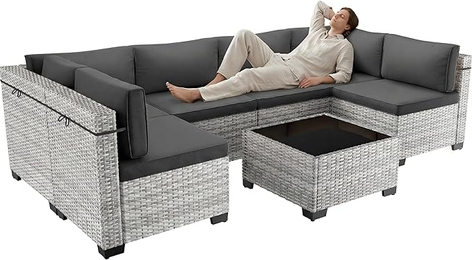 7-Piece Patio Furniture Set, Outdoor Sectional with Thick Cushions, Modular Patio Sofa, Dual-Strand Wicker Rattan, Rust-Resistant Frame, Backyard Furniture for Garden, Deck, Dark Black