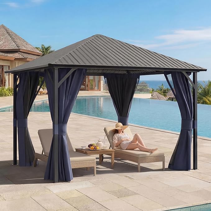 UDPATIO 10'x10' Hardtop Gazebo, Outdoor Gazebo with Galvanized Steel Roof, Weather-Resistant Patio Gazebo for Deck, Backyard, Garden, Navy Blue