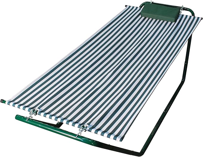 76” x 32” Hunter Green and White Stripe No-Swing Hammock, Pillow and 4-Point Stand