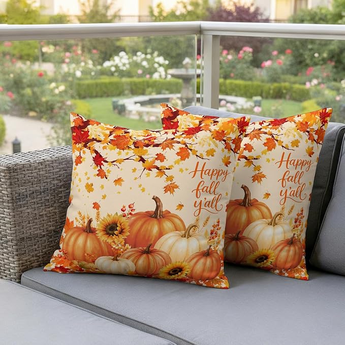 Orange Fall Waterproof Outdoor Pillow Covers 20''x20'' Set of 2, Maple Tree Branch Thanksgiving Pumpkin Patio Cushion Covers for Chairs,Decorative Countryside Leaves Pillow Cases for Garden/Pool/Beach