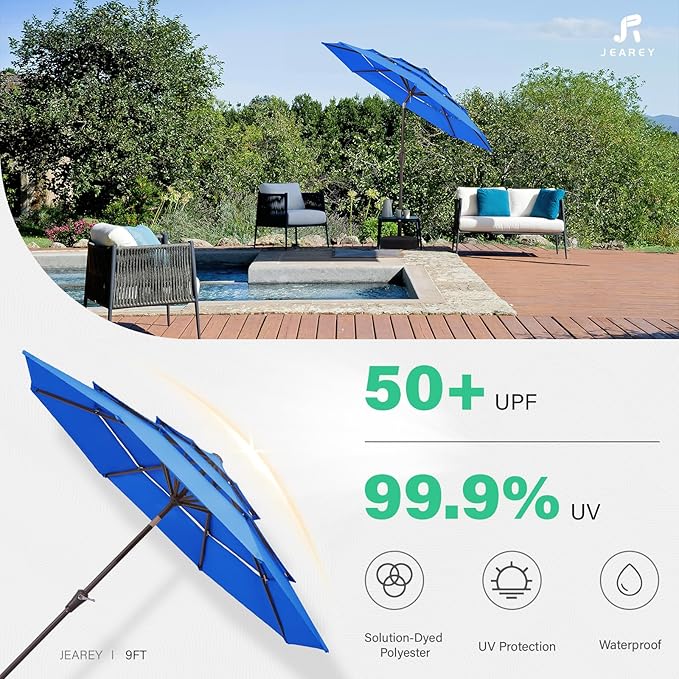 JEAREY 9FT 3 Tier Patio Umbrella Outdoor Market Umbrella Table Umbrellas with 8 Ribs 1.5 Pole Push Button Tilt and Crank UV Protection for Garden,Royal Blue
