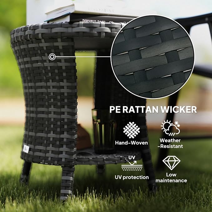 Outsunny 18" Outdoor Wicker Coffee Table, 2-Tier Patio Side Table with Storage, PE Rattan End Table with Composite Wood Top, Steel Frame for Garden Backyard Balcony, Gray