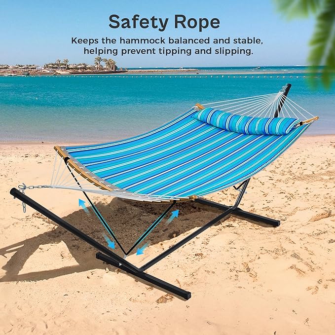 SUPERJARE Hammock with Stand, 2 Person Heavy Duty Hammock with Padded Cotton, Detachable Pillow & Strong Curved-Bar & Portable Carrying Bag, Perfect for Outdoor & Indoor, Aqua Blue