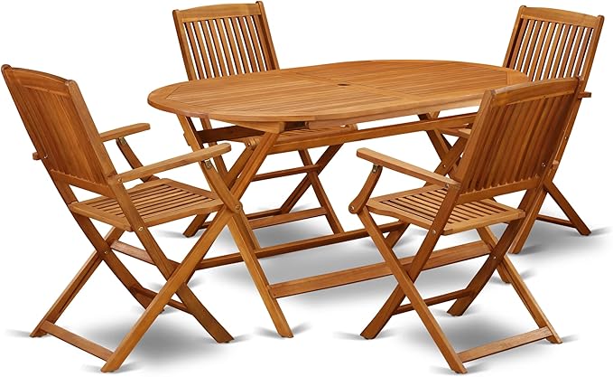 East West Furniture DICM5CANA 5 Piece Patio Bistro Dining Furniture Set Includes an Oval Outdoor Acacia Wood Table and 4 Folding Arm Chairs, 36x60 Inch, Natural Oil