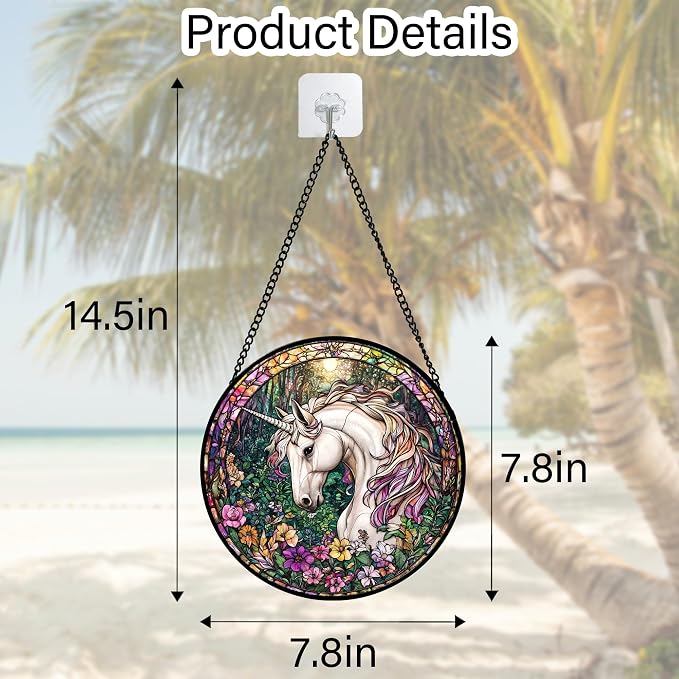 DASTOLL Stained Glass Window Hanging, Unicorn Flowers Suncatcher for Doors Home Sun Catchers Decoration and Christmas, Mother's Day Birthday Gifts for Women, Men, and Mom 7.8 in