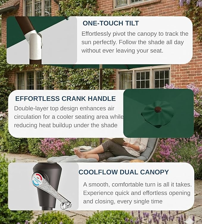 PatioKingdom 9FT Patio Outdoor Umbrella-UPF 50+ Sun Shade with Wind Vent, Push-Button Tilt & Smooth Crank Lift, Rust-Resistant Fiberglass Frame for Garden, Backyard,Yard (Dark Green)