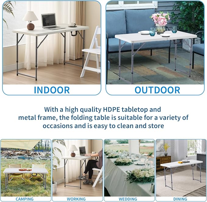 KAIHAOWIN Plastic Folding Table-4ft Portable Table Foldable Legs and Adjustable Height Utility Table for Indoor Outdoor Camping Banquet Party-White