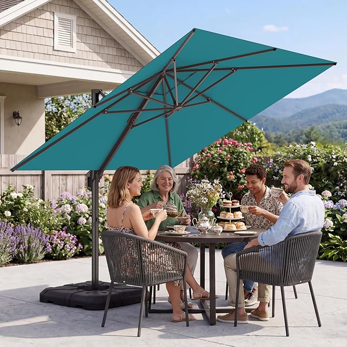 GENTEACO 10X10 FT Cantilever Umbrella, Large Offset Patio Umbrella with 6 Angle Tilts & 360° Rotation, Large Square Sun Umbrellas for Outdoor Patio Pool Deck Market, Turquoise Blue