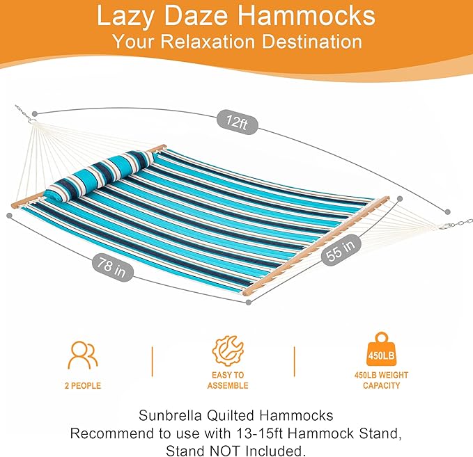 Lazy Daze Hammocks 12 FT Sunbrella Fabric Quilted Hammock Double Sunbrella Quilted Hammock with Spreader Bars & Pillow, All Weather and Fade Resistant for Outdoor, 450 lbs Capacity, Token Surfside