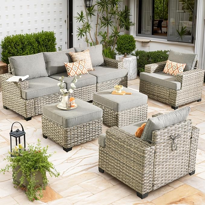 Patio Furniture Sets 7 Pieces Outdoor Sectional Rattan Sofa Manual Weaving Wicker Patio Conversation Set with Ottomans and T Cushion(Dark Gray)