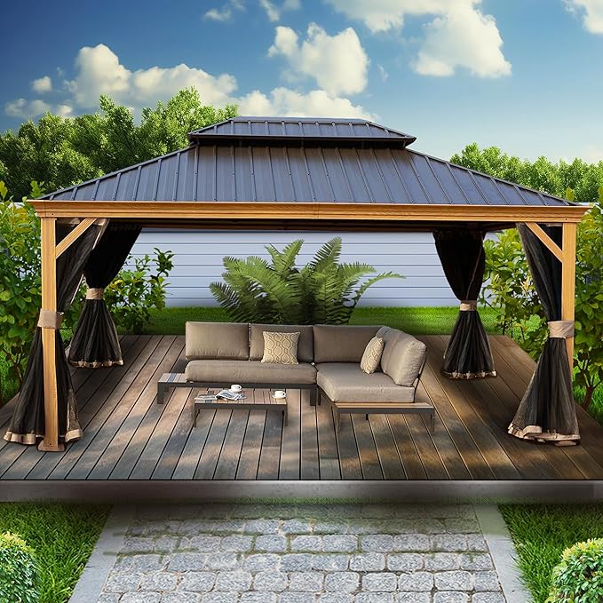Kozyard Apollo 12’x16’ Hardtop Gazebo, Wooden Coated Aluminum Frame Canopy with Galvanized Steel Double Roof, Outdoor Permanent Metal Pavilion with Netting for Patio Lawn