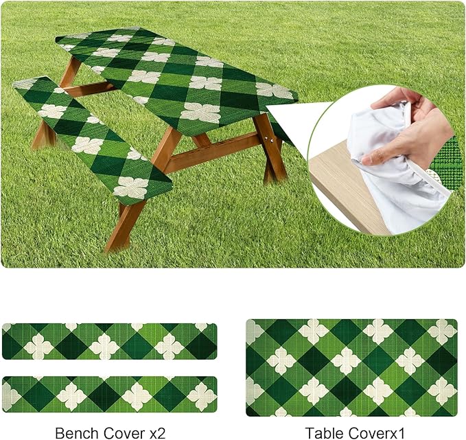 ANNA QUEEN St. Patrick’s Day 6FT Picnic Table Cover with Bench Covers Set of 3 with Drawstring Bag, Green Plaid Clover 72"x30" Waterproof Picnic Tablecloth & Bench Covers