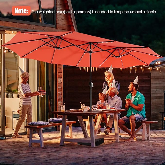 Giantex 15 FT Double Patio Umbrellas with 48 Solar LED Lights, Auto-Charging Panel, Crank System, Outdoor Extra-Large Rectangle Market Table Umbrella for Garden Deck Backyard Beach Pool