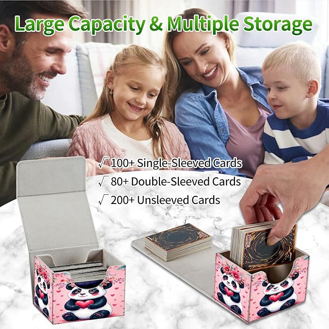 Card Deck Box for MTG, Cards Storage Box Fits 120+ Sleeved, Leather Small Size Strong Magnetic Closing Card Case for Board Games Magic TCG CCG Baseball Collection, Pink Panda