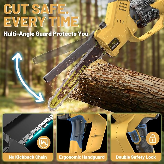 MGYM Electric Chainsaw, 10 Inch Handheld Cordless Chainsaw with 2x4.0A Batteries 2 Chains and Charger, Tool Free Auto-Oiling Battery Powered Chainsaw for Tree Trimming Wood Cutting Yard Work (Yellow)