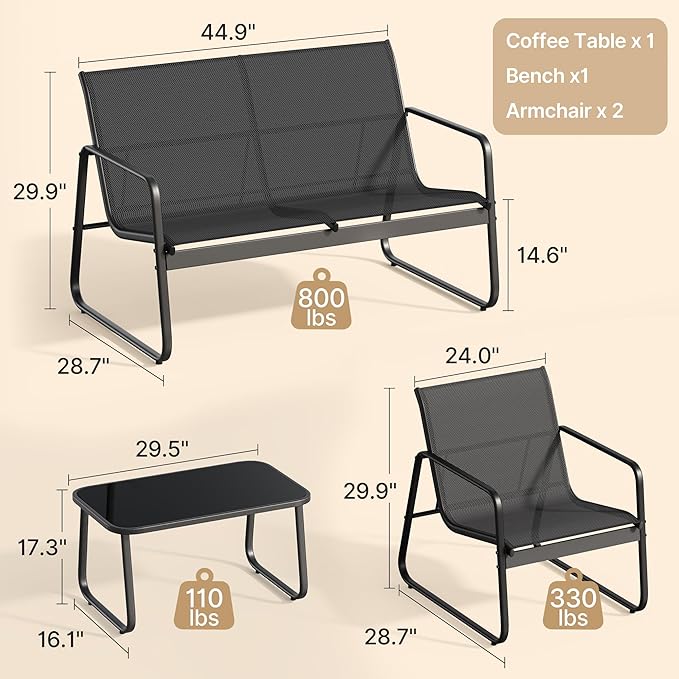 Gizoon 4 Piece Patio Furniture Set, Outdoor Patio Furniture with Loveseat and 2 Single Chairs, Bistro Table and Chairs Set for Backyard, Balcony, Lawn,Black