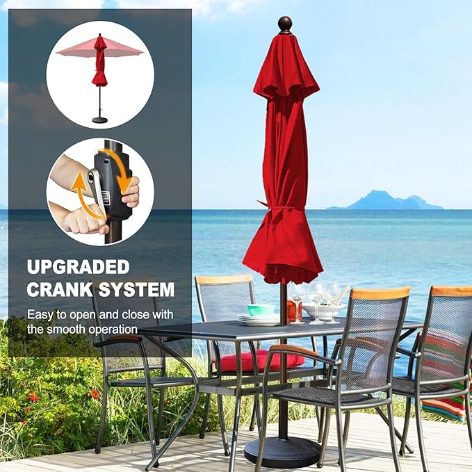 Eurmax USA 10-Year-Non-Fading 10FT Outdoor Patio Market Umbrella,UPF50+ UV Resistant Sun Shade,Heavy Duty Commercial Grade,Crank Lift Design,Windproof Vented Top for Garden,Pool,Deck,Logo Red