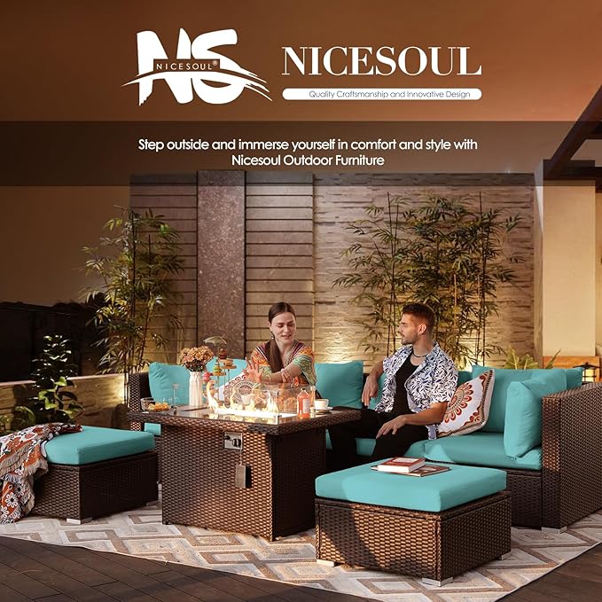 NICESOUL 11 Piece Outdoor Furniture Set with Fireplace, Luxury 10-Seats Patio Sectional Sets, 29.3'' High-Back Backyard Seating Area, All-Weather Wicker Couch Sofa Modular, Brown & Teal