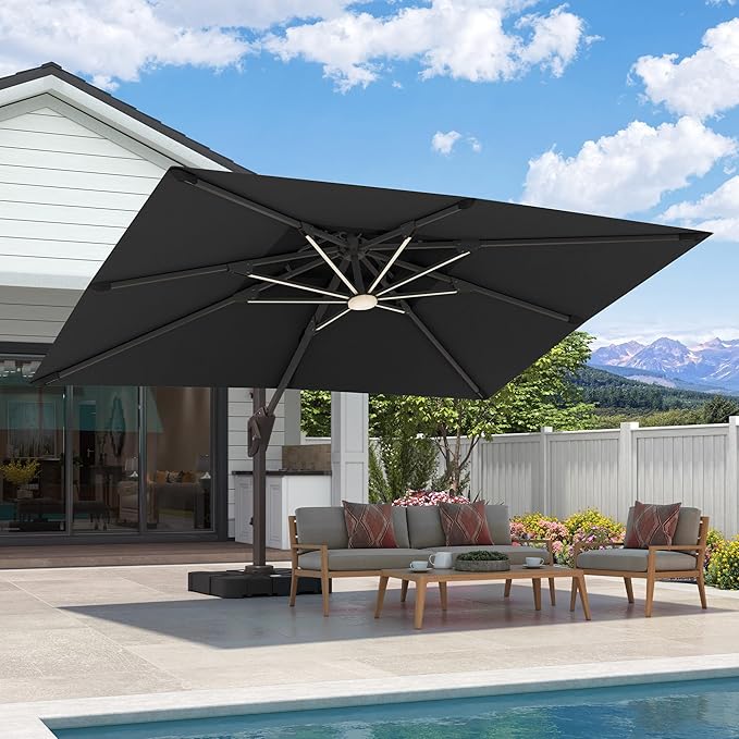 9x12 FT Cantilever Patio Umbrella with Base and Led Lights Double Top Outdoor Rectangular Large Heavy Duty Aluminum Offset Umbrellas with 7 Level Tilt 360-degree Rotation for Pool Garden Deck, Black