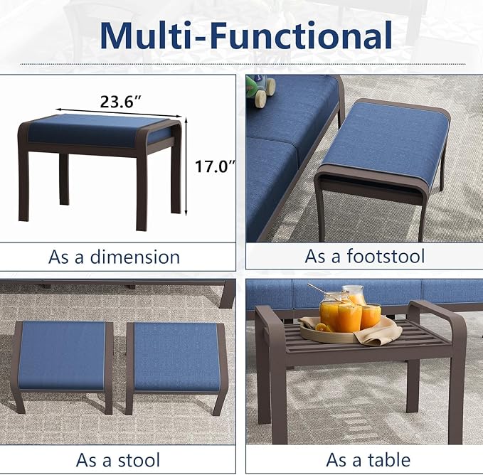 Aluminum Patio Furniture Set with Fire Pit Table, 7 Seats Outdoor Patio Conversation Sets with Swivel Chairs, Modern Metal Sectional Sofa with Upgrade Cushions for Patio, Backyard, Deck - Blue