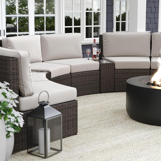 Martha Stewart Bedford Indoor-Outdoor Tapered Patio Side Table with Inset Tempered Glass Top and Rattan Wicker Finish in Brown