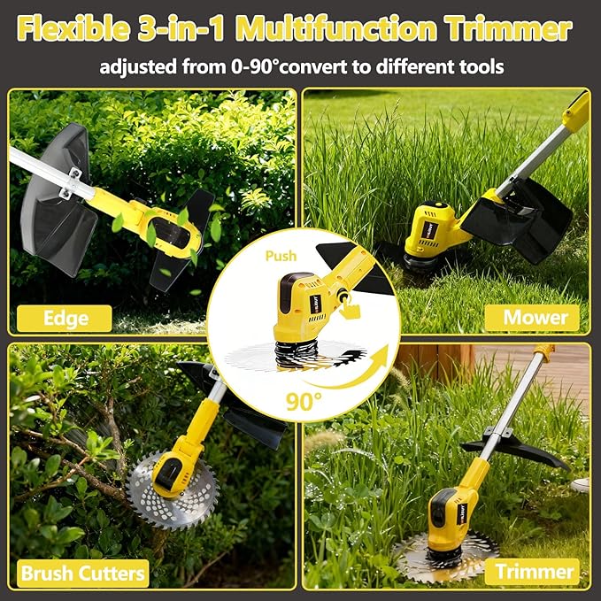 3-in-1 Cordless Weed Wacker, Grass Trimmer/Lawn Mower/Brush Cutter with LCD Display, (2 x 4.0Ah Batteries & Charger), Electric Weed Eater for Yard and Garden (900W Brushless Motor, 4 Blades)