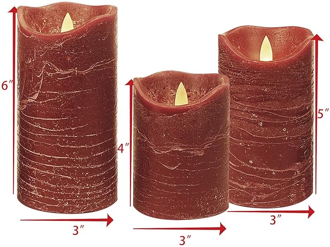 Battery Operated Flameless Led Candles Real Wax Pillar Candles with Remote Timer Electric Flickering Decorative Burgundy Wax Candles for Home Wedding Party Centerpiece Decor 3 Pack 3”X 4”, 5”, 6”