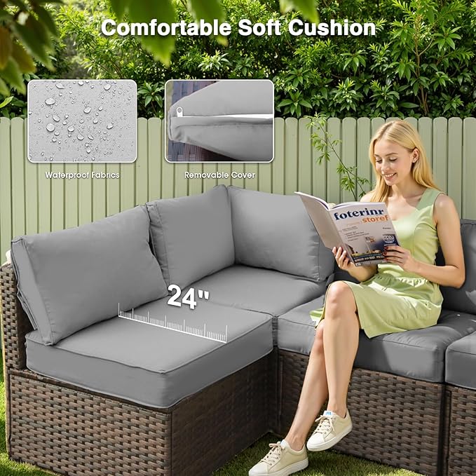 Patio Furniture Set 9 Pieces with 44" Fire Pit Table, Rattan Outdoor Sectional Conversation Sets, All Weather Outdoor Furniture Set with Cushions for Garden Lawn Balcony Porch Deck Grey