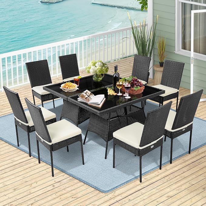 10 Pieces Patio Wicker Dining Set Outdoor Furniture, Outdoor Rattan Table and Chairs with Tempered Glass Table-top & Padded Cushions, Patio Furniture Sets for Backyard, Balcony (Black)