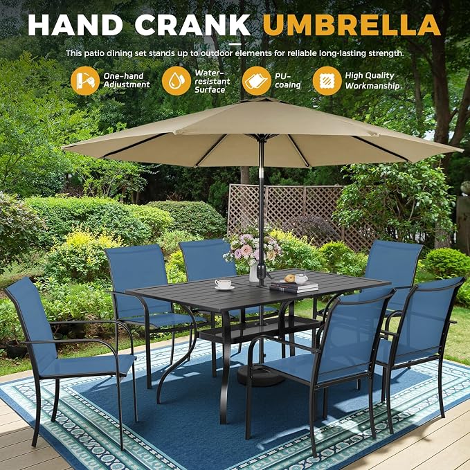 7-Piece Patio Dining Set with Umbrella,6 Person Outdoor Table and Chairs Set, 6 Metal Dining Chairs and Rectangular Outdoor Table with 1.57" Umbrella Hole,Blue