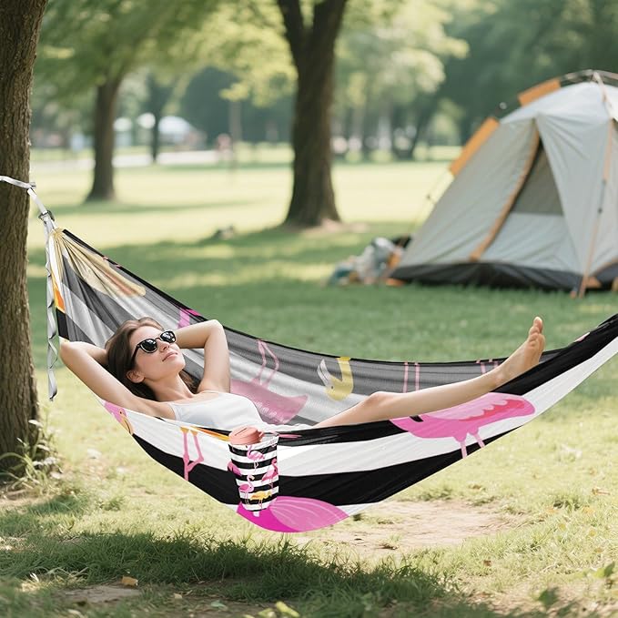 Black and White Striped Flamingo 330lb Capacity Hammocks with Tree Straps Swing Hammock for Outside Patio Backyard Poolside hamaca para adultos