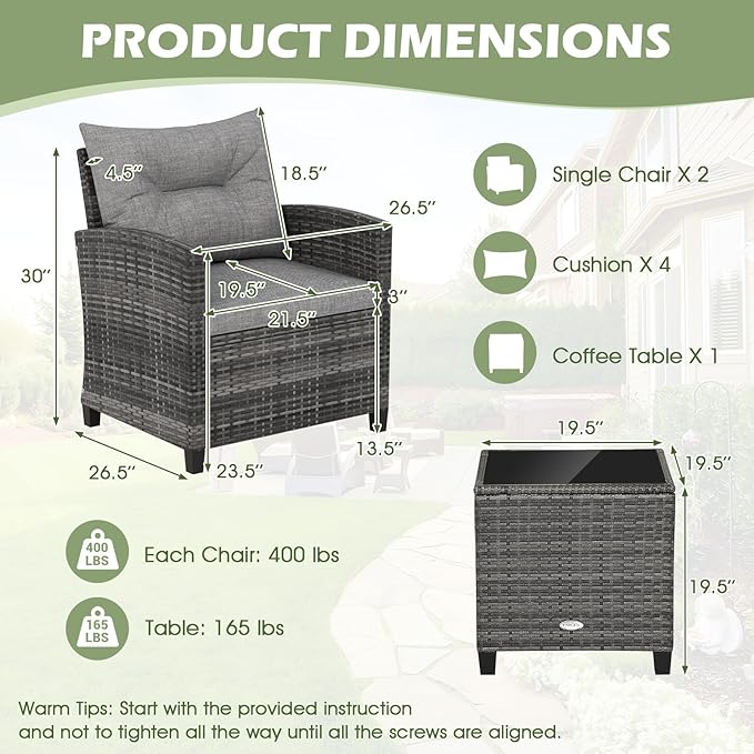 ORALNER Patio Furniture Set, 3 Pieces Outdoor Wicker Conversation Set, Rattan Chairs with Soft Cushions, Glass Coffee Table, Patio Bistro Set for Balcony Garden Deck Front Porch Poolside (Gray)