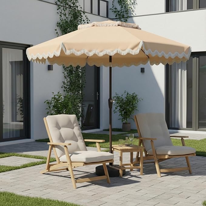 9FT Patio Umbrella with Fringe,Tassel Umbrella with Push-Button Tilt | UPF 50+ & Rust-Resistant Fiberglass Frame for Patio, Pool,Garden,Yard(Khaki)