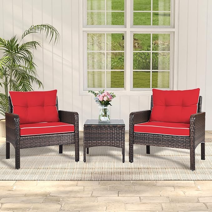 ORALNER 3-Piece Patio Conversation Set, All-Weather Wicker Sofa Chair and Coffee Table Set with Thick Cushions, Outdoor Furniture, Rattan Bistro Set for Balcony Deck Porch Poolside Garden (Red)