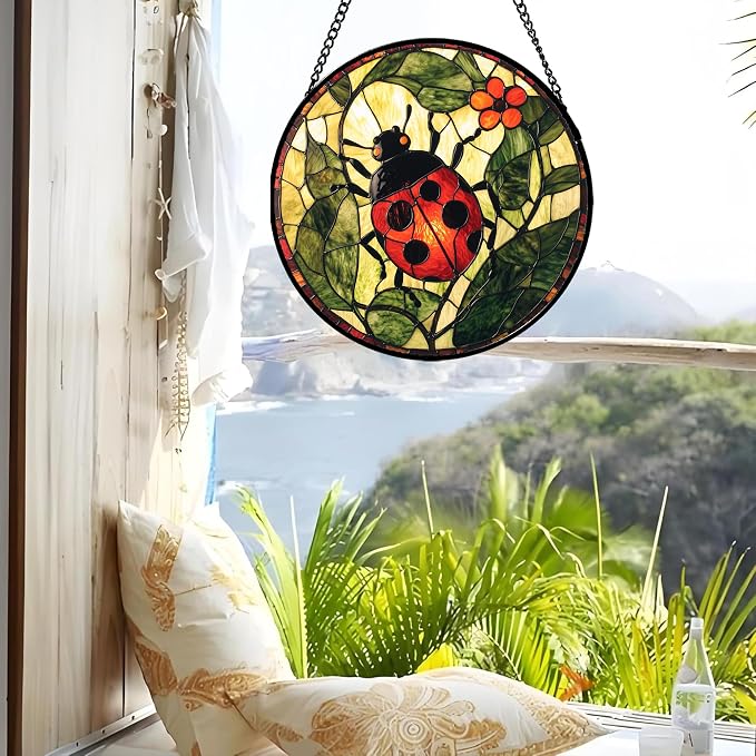 Stained Glass Window Hanging - Red Ladybug Green Plant Flower Sun Catcher for Door Home Decor Insect Suncatcher Christmas Mother's Day Birthday Gifts for Women Men Mom Nana 9.8 in