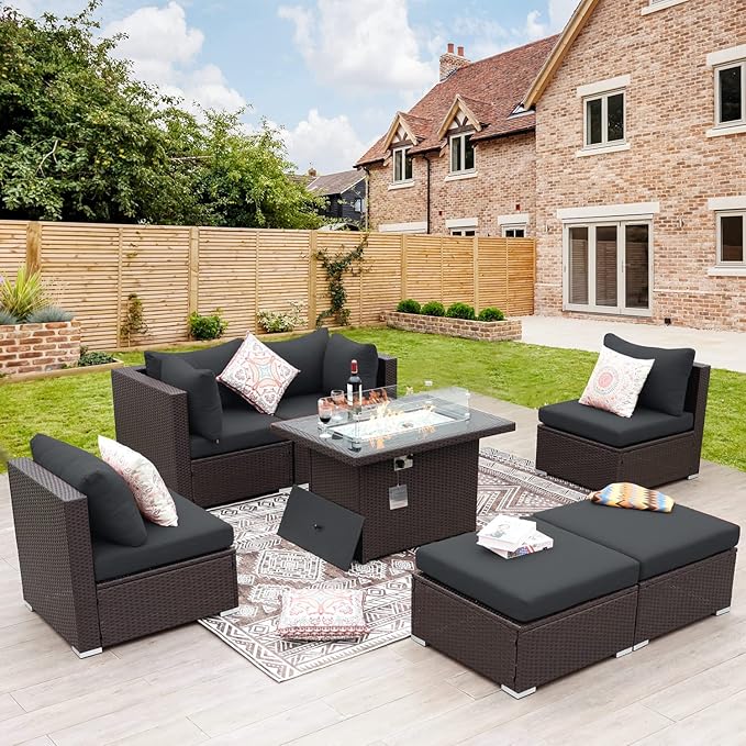NICESOUL Extra Large Size Patio Furniture Set with Firepit Natural Gas/Propane, 6 Seater Modern Luxury Outdoor Sofa Set, 29.3'' High Backrest Backyard Sitting, Brown Rattan and Dark Grey Cushion