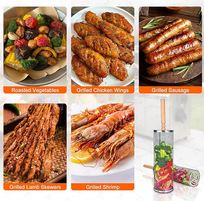 2PCS Rolling Grill Basket Grilling Accessories - Removable Wooden Handle, 304 Stainless Steel,Nesting Barbecue Tools,Smoker BBQ Accessories for Vagetable,Outdoor Cooking Camping,Picnic,Dinner Party,Gifts for Men Dad and Husband