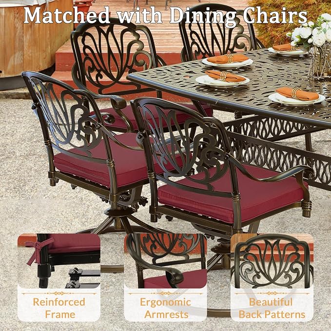 9 Piece Outdoor Patio Dining Set for 8, Cast Aluminium Large Square Dining Table & 2 Swivel Rocker Chairs, 6 Stationary, 8 Cushions, Umbrella Hole, Patio Furniture Set for Garden, Chili Red