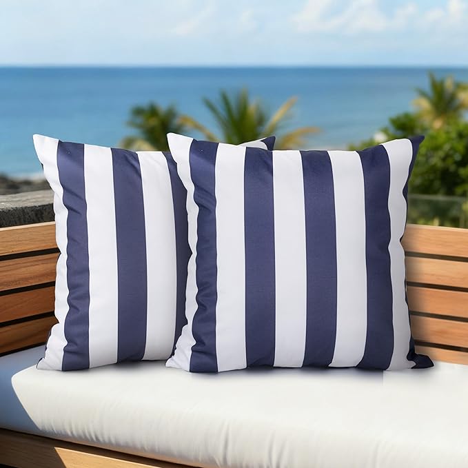 AELS Outdoor Pillow Covers 16x16 Inch, Waterproof Throw Pillow Covers Pack of 2, Water-Resistant Decorative Pillow Case for Patio Furniture Tent Garden, Nautical Navy Blue White Stripes, Cover ONLY