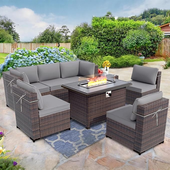 Outdoor Patio Furniture Set with Gas Fire Pit Table, 8 Pieces Patio Sectional Sofa, Outdoor Furniture Set w/43in Propane Fire Pit, PE Wicker Rattan Patio Conversation Sets (Grey)