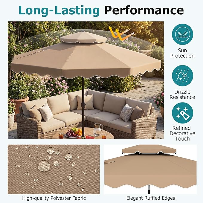 Happygrill 9 FT Patio Umbrella, Scalloped Outdoor Table Market Umbrella with Push Button Tilt & Crank, 2-Tier Vented Top, Heavy-Duty 8 Metal Ribs, Sun-Protective Canopy, Ruffle for Deck Pool Garden (Brown)