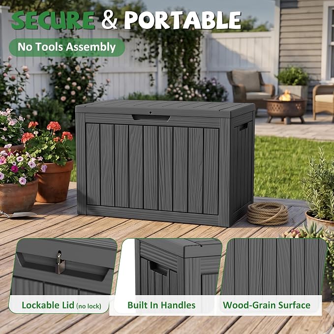 DRATO 50 Gallon Outdoor Storage Box Waterproof, Lockable Resin Deck Box for Patio Furniture, Pool Supplies & Garden Tools, Weatherproof Outside Storage Bin for Backyard Porch (Black, 50 Gallon)