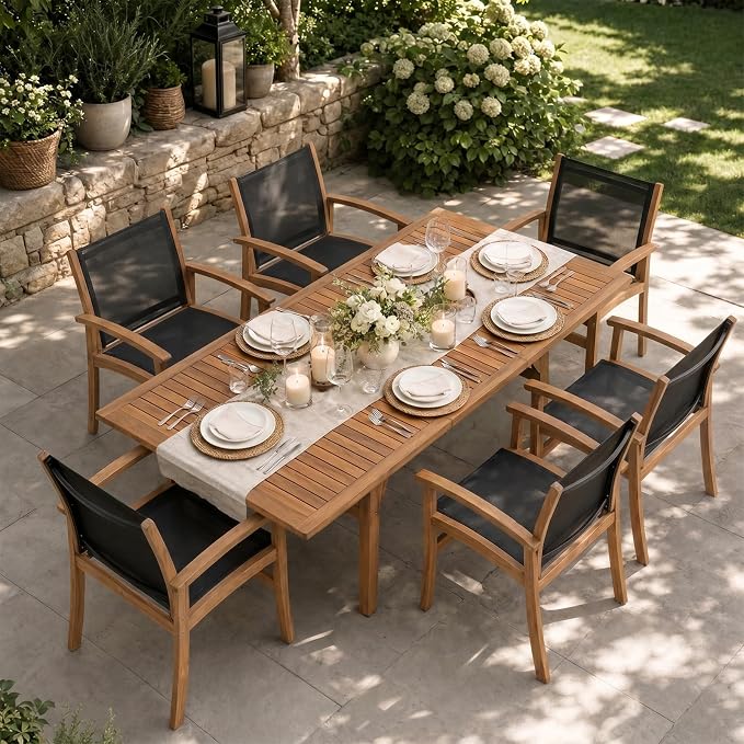 SUNSITT 7-Piece Outdoor Patio Dining Set, 55" - 71" Acacia Wood Expandable Table & 6 Breathable Textilene Mesh Chairs, All-Weather Patio Furniture w/Umbrella Hole for Backyard, Deck, Garden, Black